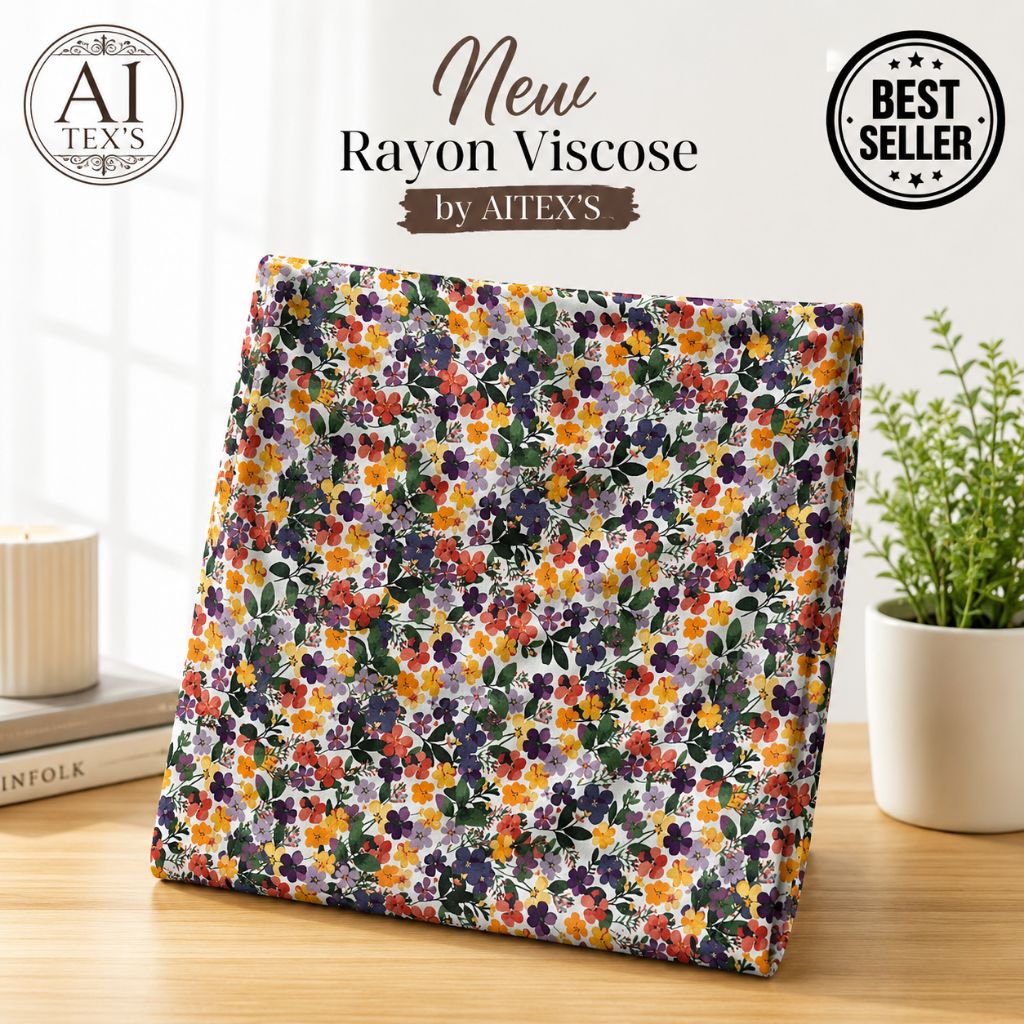 Kain Katun Rayon Viscose Premium - Kain Rayon Viscose Premium Motif Bunga Meadow Ungu Kuning - Kain 