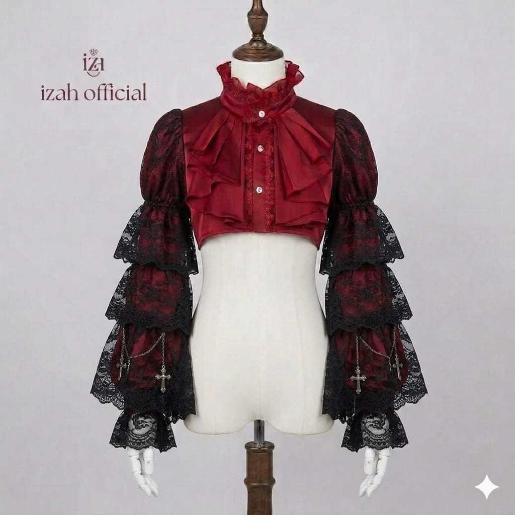 Izah Kemeja wanita black lace lengan panjang croptop button silk premium gothic