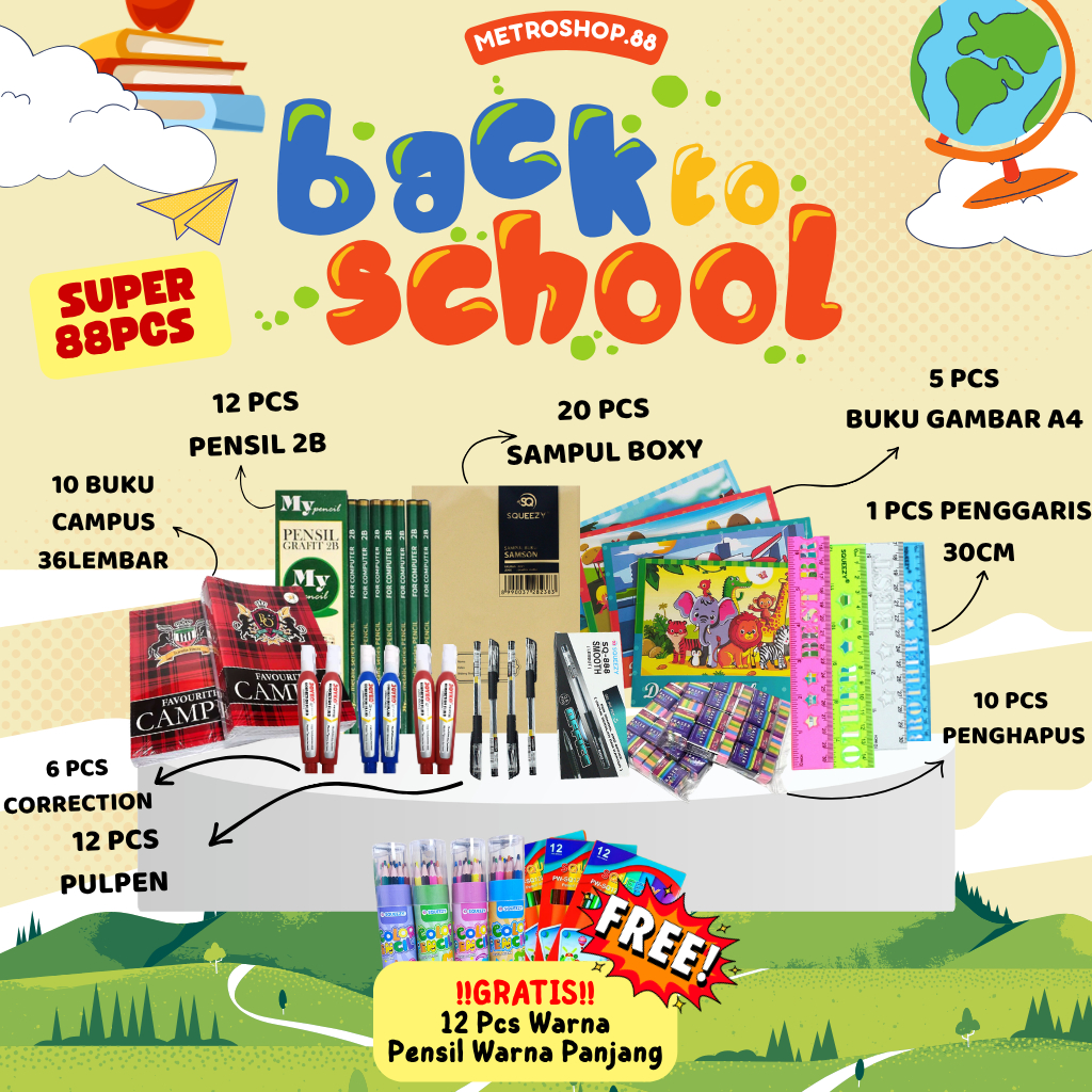 PAKET BACK TO SCHOOL 88PCS GRATIS 12 PCS PENSIL WARNA 10PCS BUKU CAMPUS + 5PCS BUKU GAMBAR A4 + 12PC
