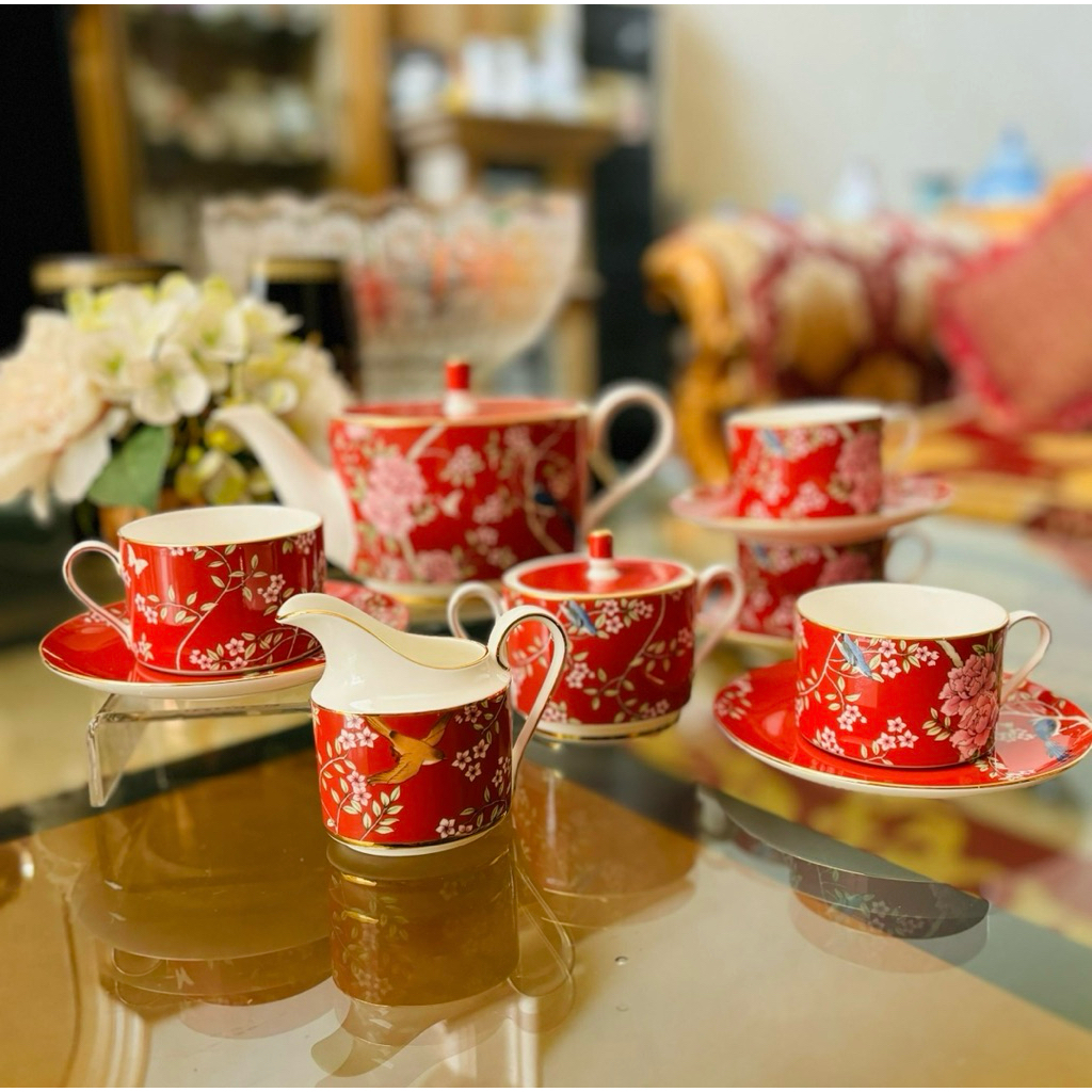 Tea Pot Set Tea Cup Saucer Narumi Queen Garden Red Green Mewah Cantik Cangkir