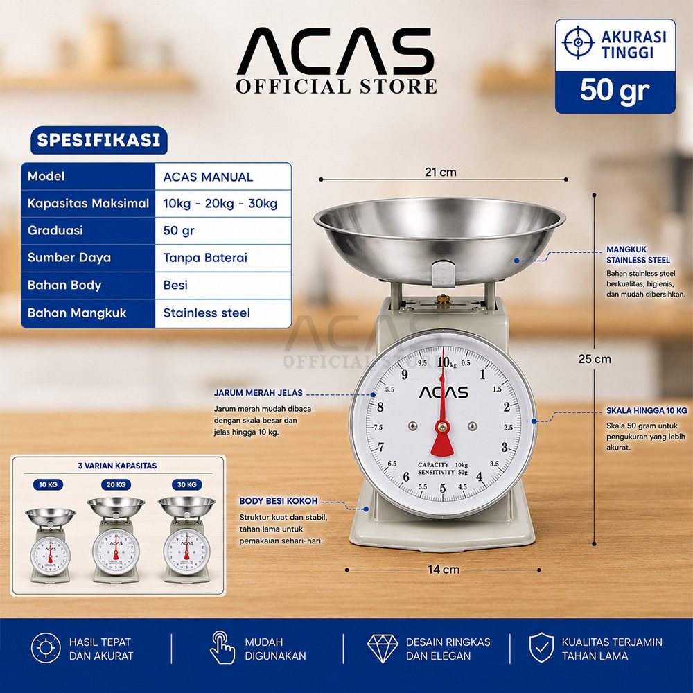 ACAS Timbangan Manual 10kg 20kg 30kg Timbang Pasar Jarum Mangkok Stainless10 Kg 20 kg 30 kg Sembako 