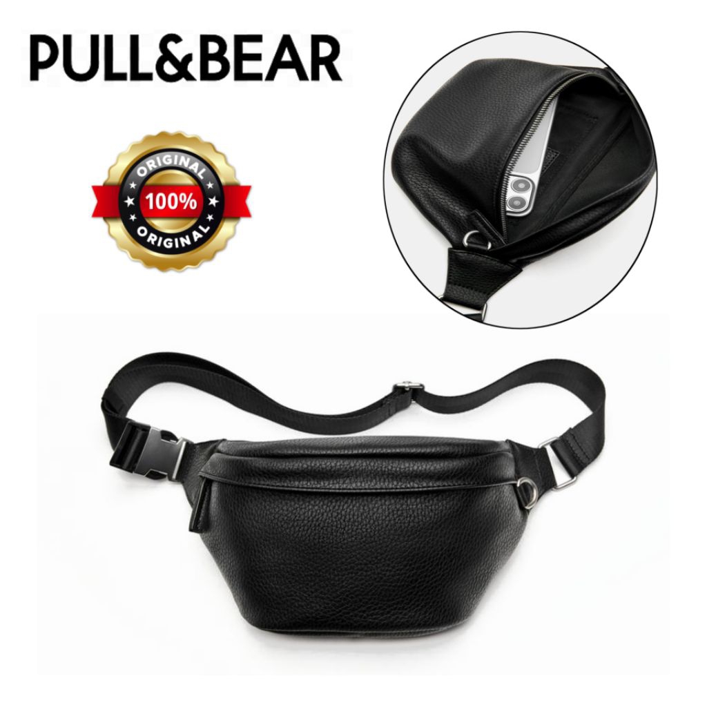 Tas Pull and Bear Waist Bag Kulit Pria Original Kasual - Black