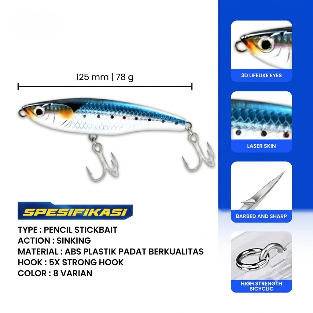 Umpan Pancing Lure Pencil Stickbait 78g Casting & Popping Killer Sinking