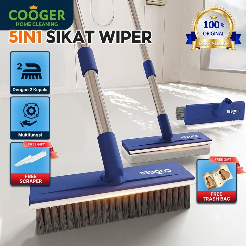 COOGER Sikat Lantai Kamar Mandi Gagang Panjang Sikat Pembersih 5IN1 Serbaguna Kaca Jendela Dinding T