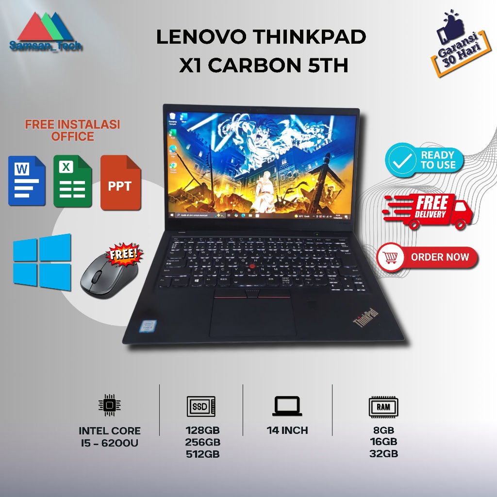Lenovo Thinkpad X1 Carbon 5th Core i5 Gen6 RAM 8GB SSD 512GB 14inch Slim