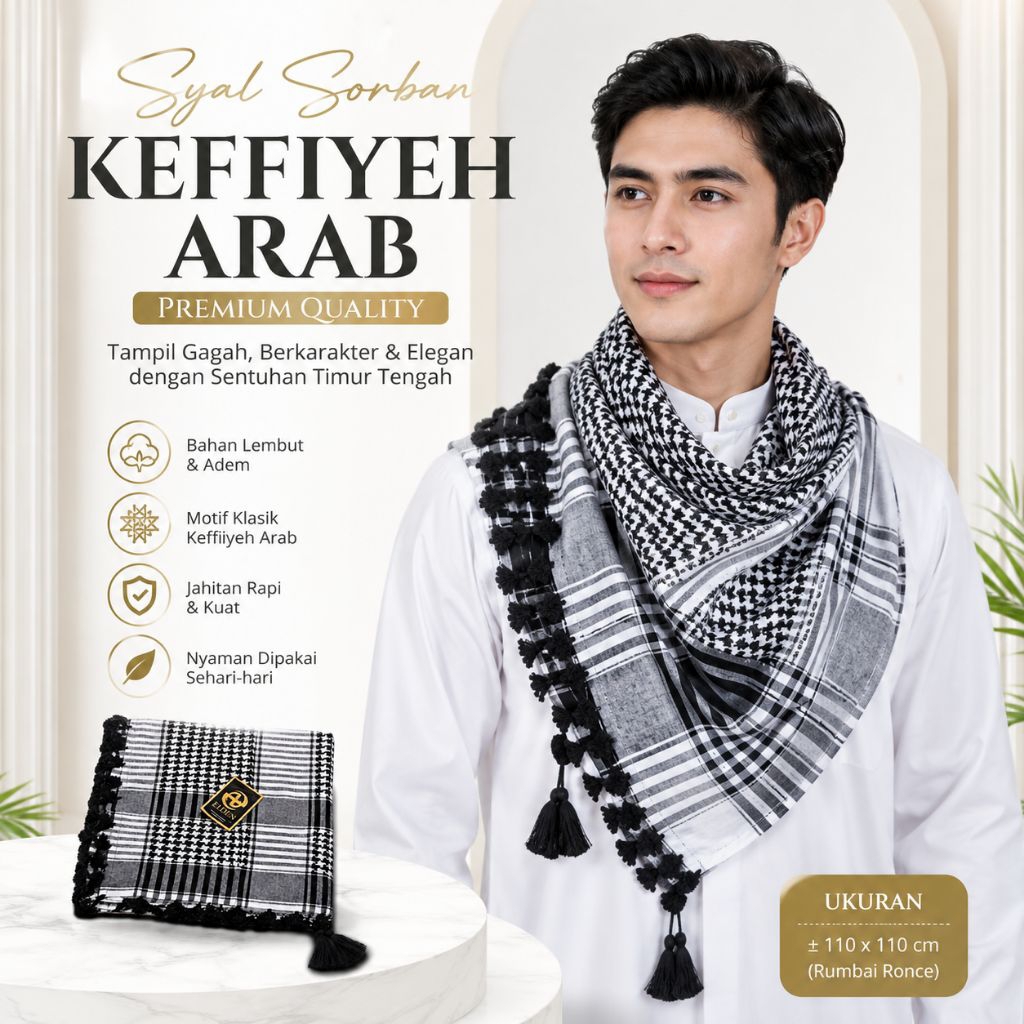 Syal Sorban Premium Keffiyeh Arab Pria Dewasa Bahan Lembut Adem