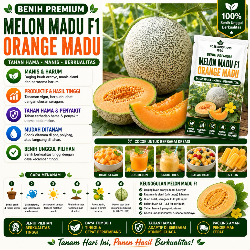 ISI 3 BIJI Benih Buah Melon Madu F1 Tahan Hama Bibit Buah Melon Orange Madu