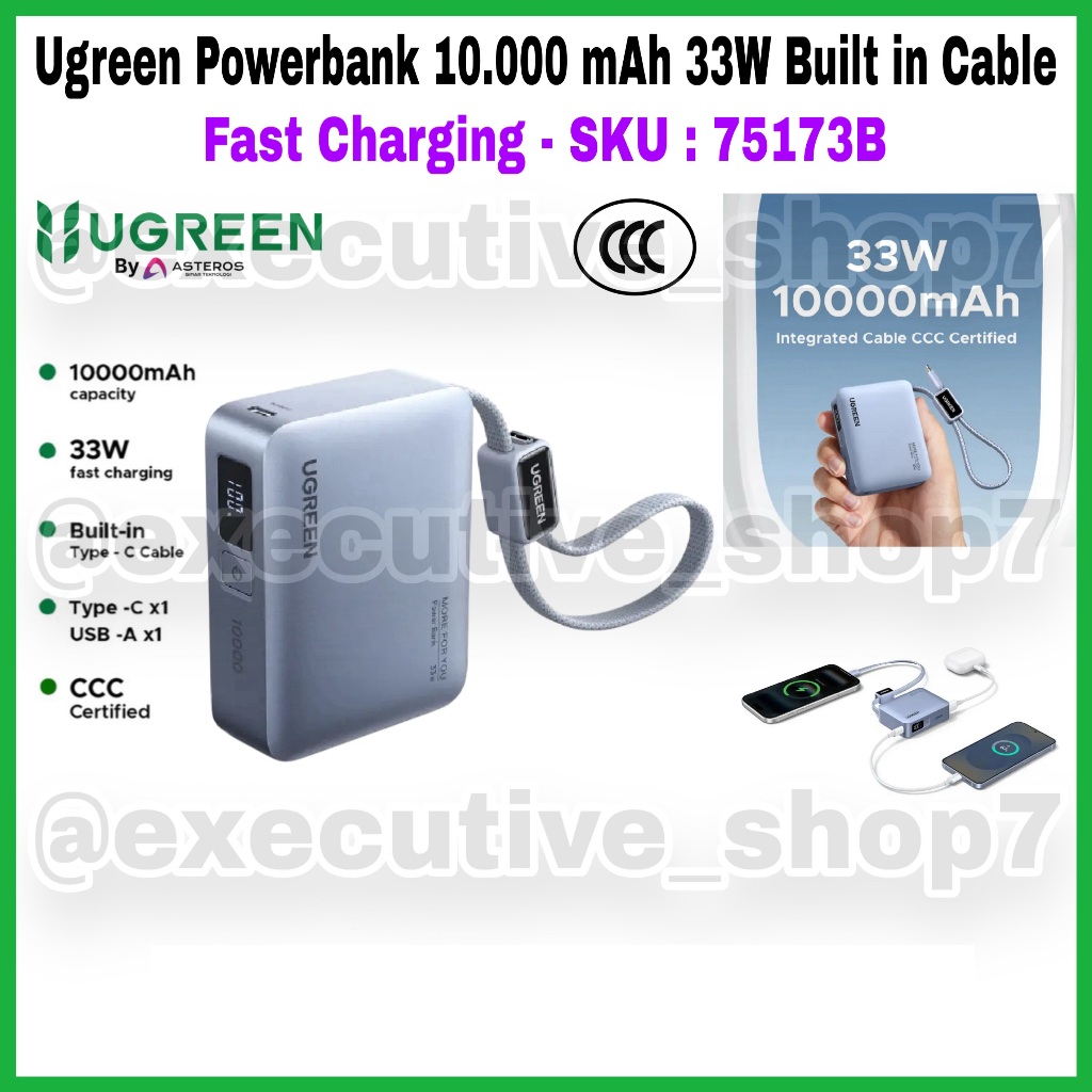 Ugreen Powerbank 10.000 mAh 33W Built In Cable - Fast Charging - SKU : 75173B