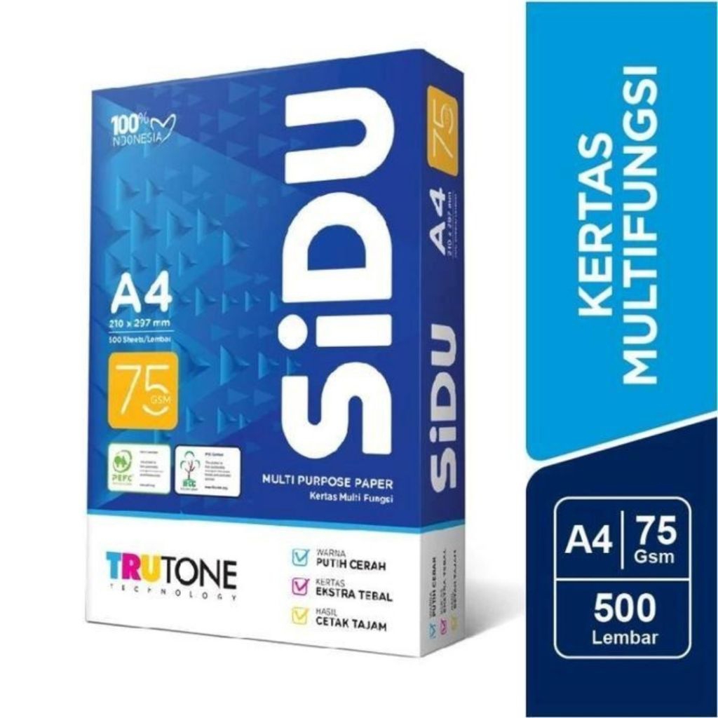KERTAS HVS SIDU (1RIM) A4 75 GSM 500 LEMBAR KERTAS FOTOCOPY SIDU HVS  1RIM MULTIFUNGSI