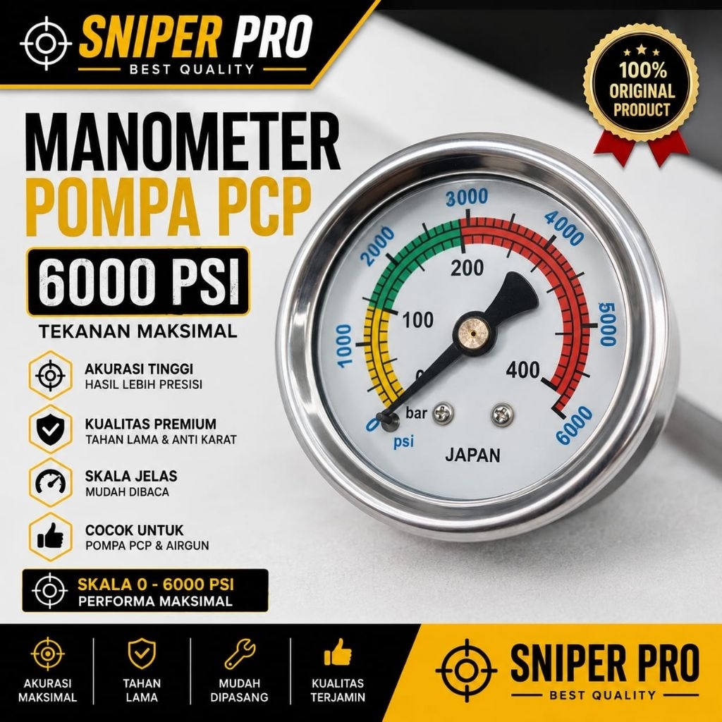 MANOMETER POMPA PCP 6000PSI, MANOMETER 6000 PSI ORI, MANOMETER POMPA 6000 PSI, MANOMETER JAPAN