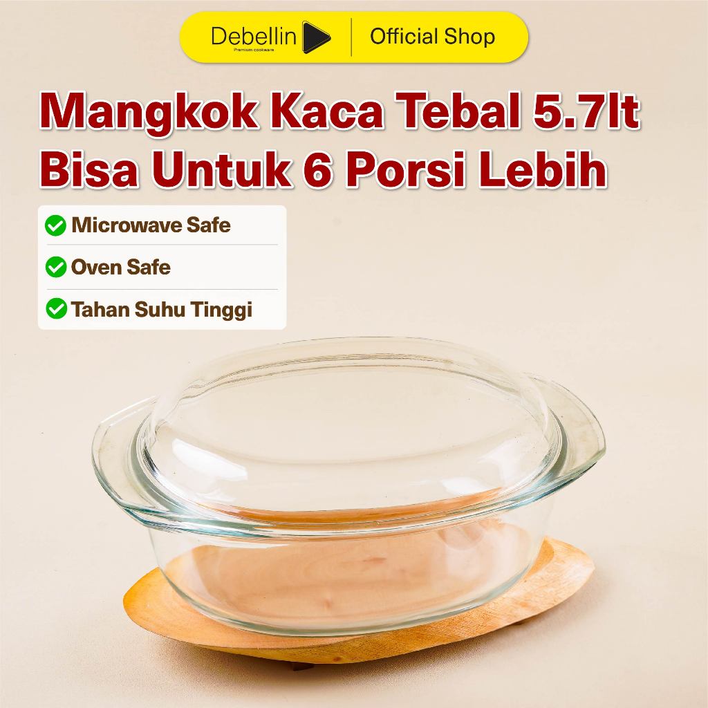 Debellin Glass Oval Casserole Mangkok Saji Kaca Borosilicate 5,7 Liter