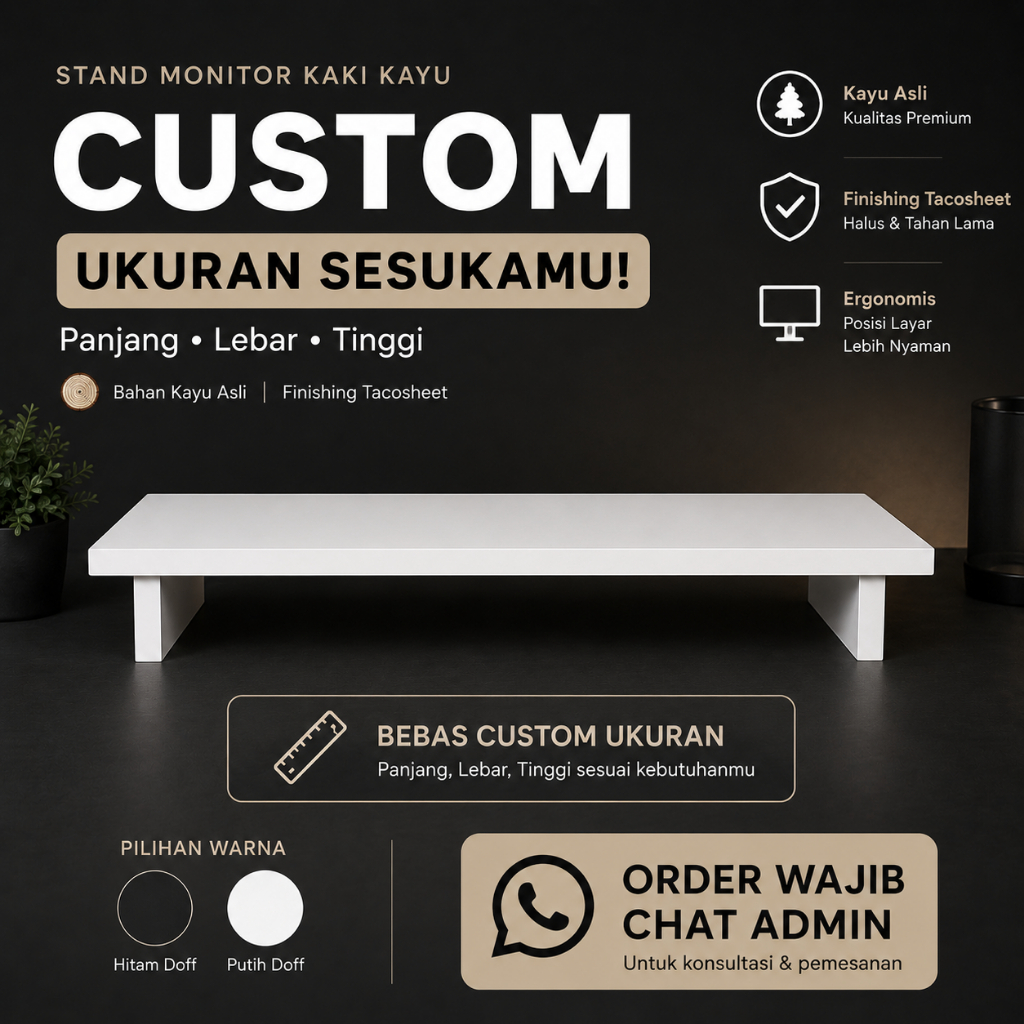 Stand Monitor Kayu Custom Ukuran | Dudukan Monitor PC Laptop | Monitor Riser Minimalis Premium