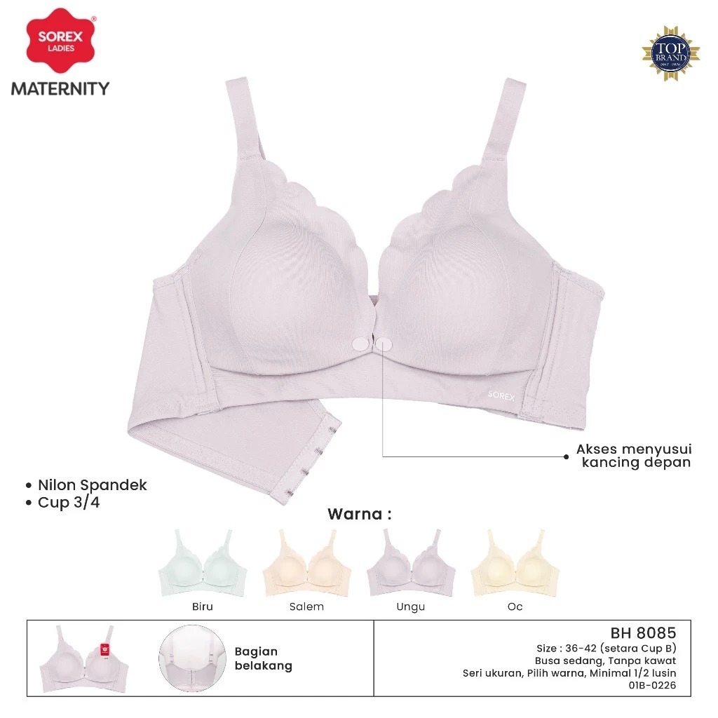 SOREX BRA BH Menyusui 8085 Maternity Tanpa Kawat Busa Sedang Kait 4 (Cup B) / Sorex Bra