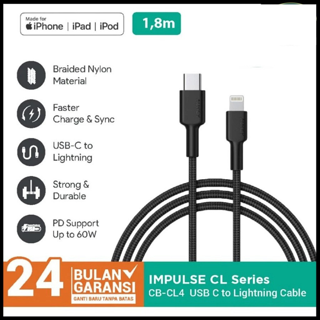 Aukey Kabel Data Charger USB C TO LIGHTING for iphone original garansi 2 tahun