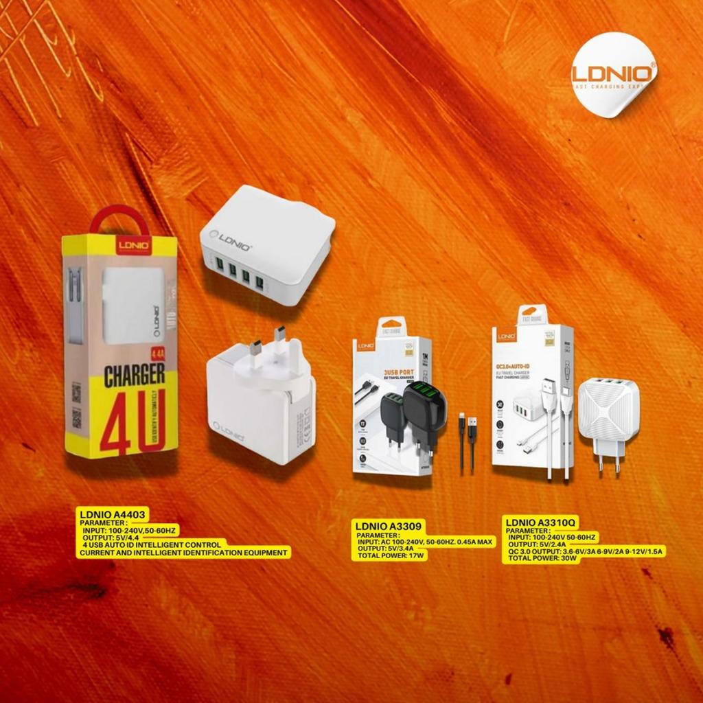 Charger LDNIO Original 100% Super Fast A4403 / A3310 / A3309Q Type C, Micro, Lightning - Handphone