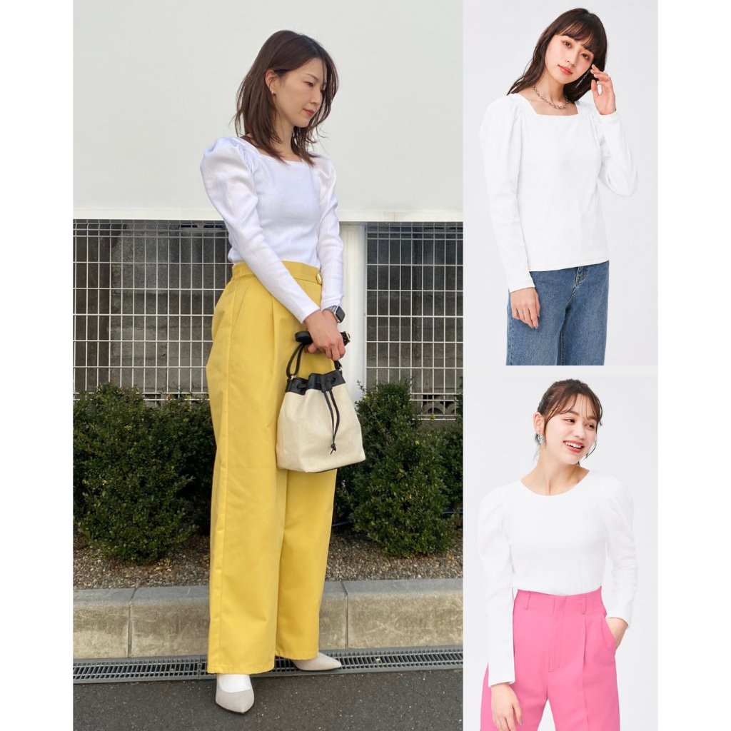 Kaos Bahan Rib Lengan Puff-Sleeve GU 2-Way Volume-Sleeve Ribbed Top - 2687
