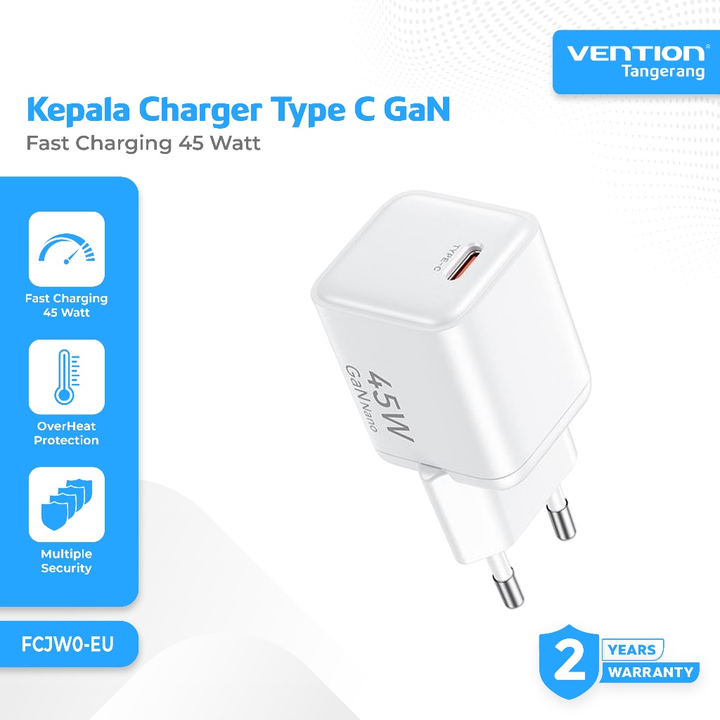 Vention Adaptor Kepala Charger GaN Dash Type C Port Fast Charging 45 Watt PD PPS White - FCJW0-EU