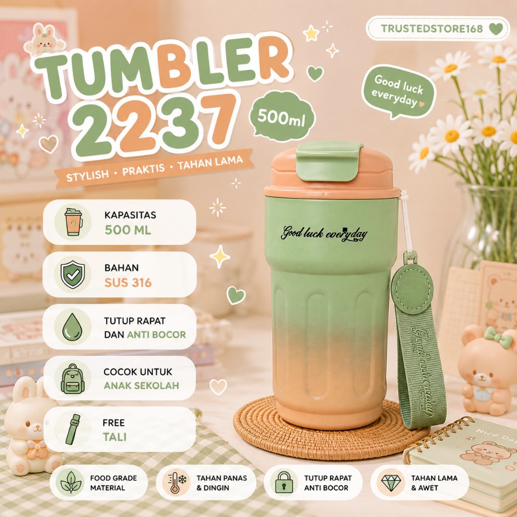 AOSOME Tumbler Stainless 500ml 2237 / Botol Minum Mode Teguk + Led & Gantungan / Mug Stylish & Prakt