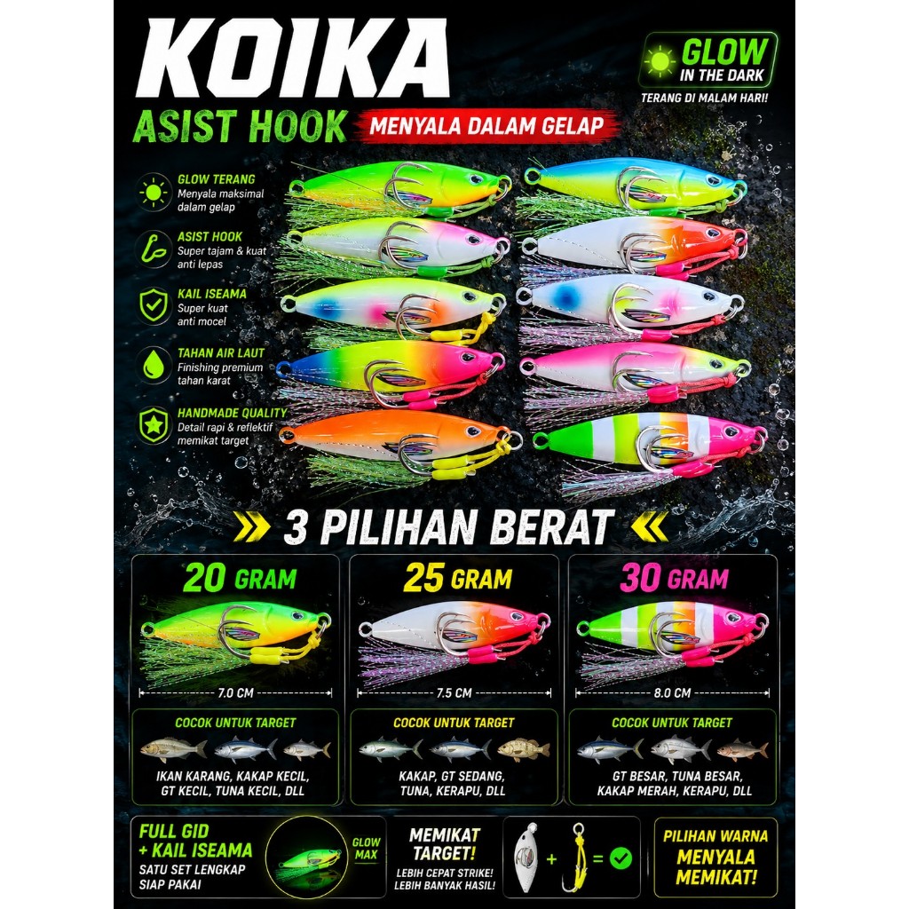 Micro jig plus assist hok iseama micro jig 20g 25g 30gram full fosfor gid metal jig koika micro jig 