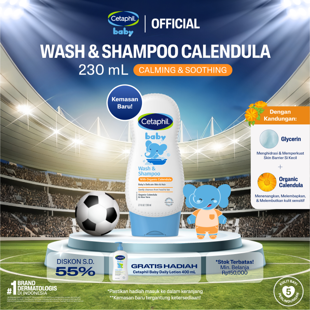Cetaphil Baby with Organic Calendula Wash & Shampoo 230ml dengan Glycerin, Aloevera dan Calendula Sa