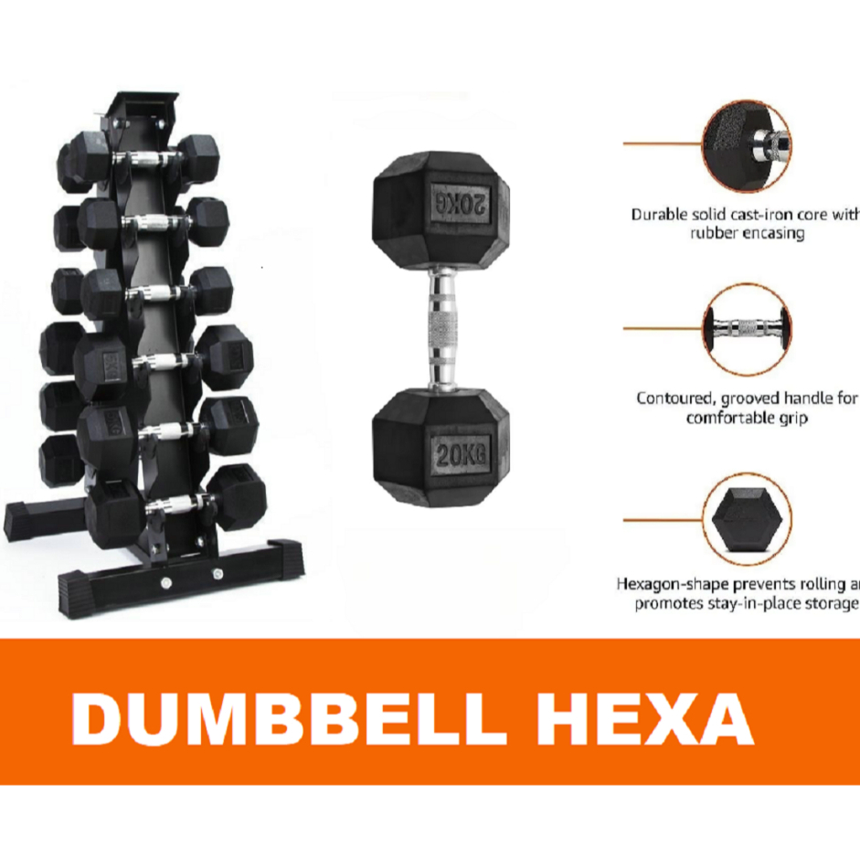 Dumbell Rubber Hexa Hexagon Dumbell Hexagonal 9 KG - 25 KG  DEKAI-GTK (SEPASANG)