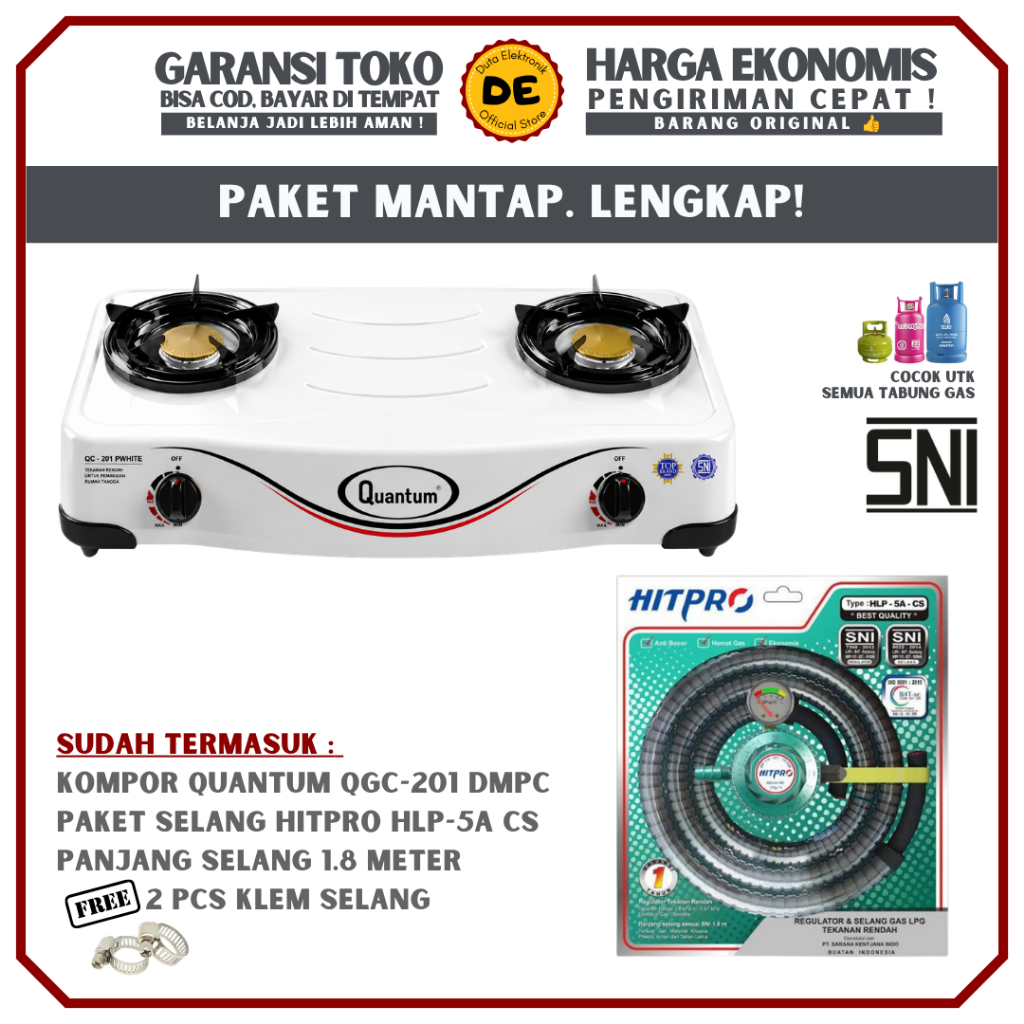 Paket Kompor Gas QUANTUM 2 tungku QGC 201 DMPC bonus Selang Regulator Gas Hitpro / QGC201DMPC