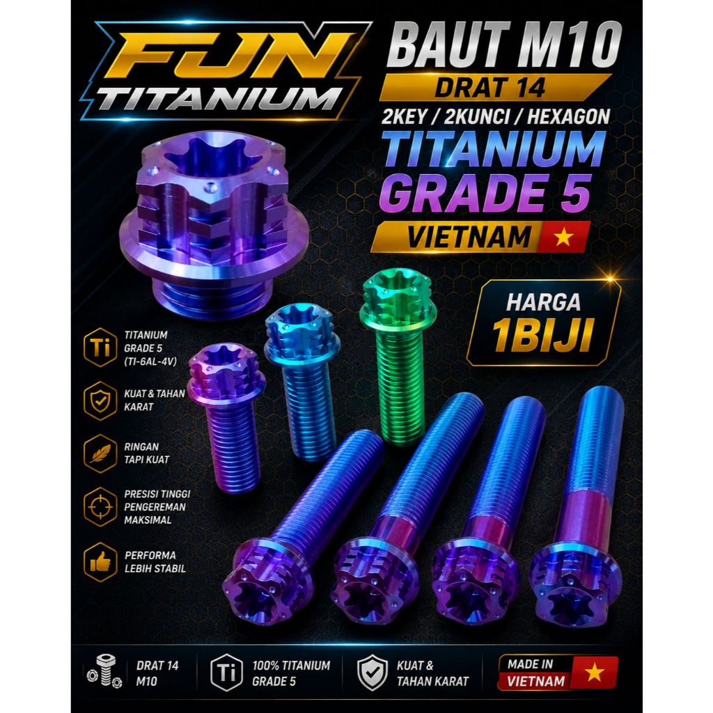 BAUT M10 drat 14 2KEY / 2KUNCI / HEXAGON TITANIUM GRADE 5 VIETNAM HARGA 1BIJI