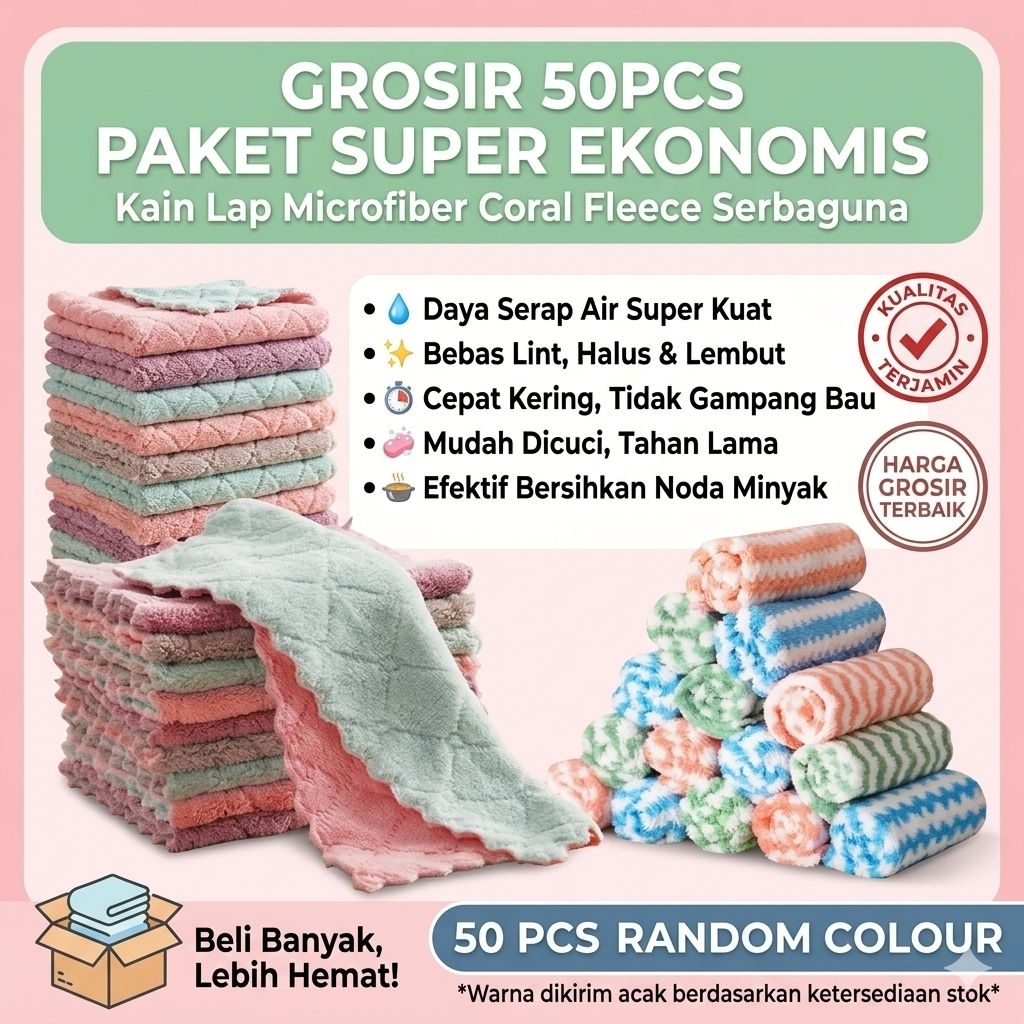 Kain Lap Grosir lebih hemat Paket isi 50pcs Kain Lap Dapur Anti Minyak Microfiber - Mudah Menyerap, 