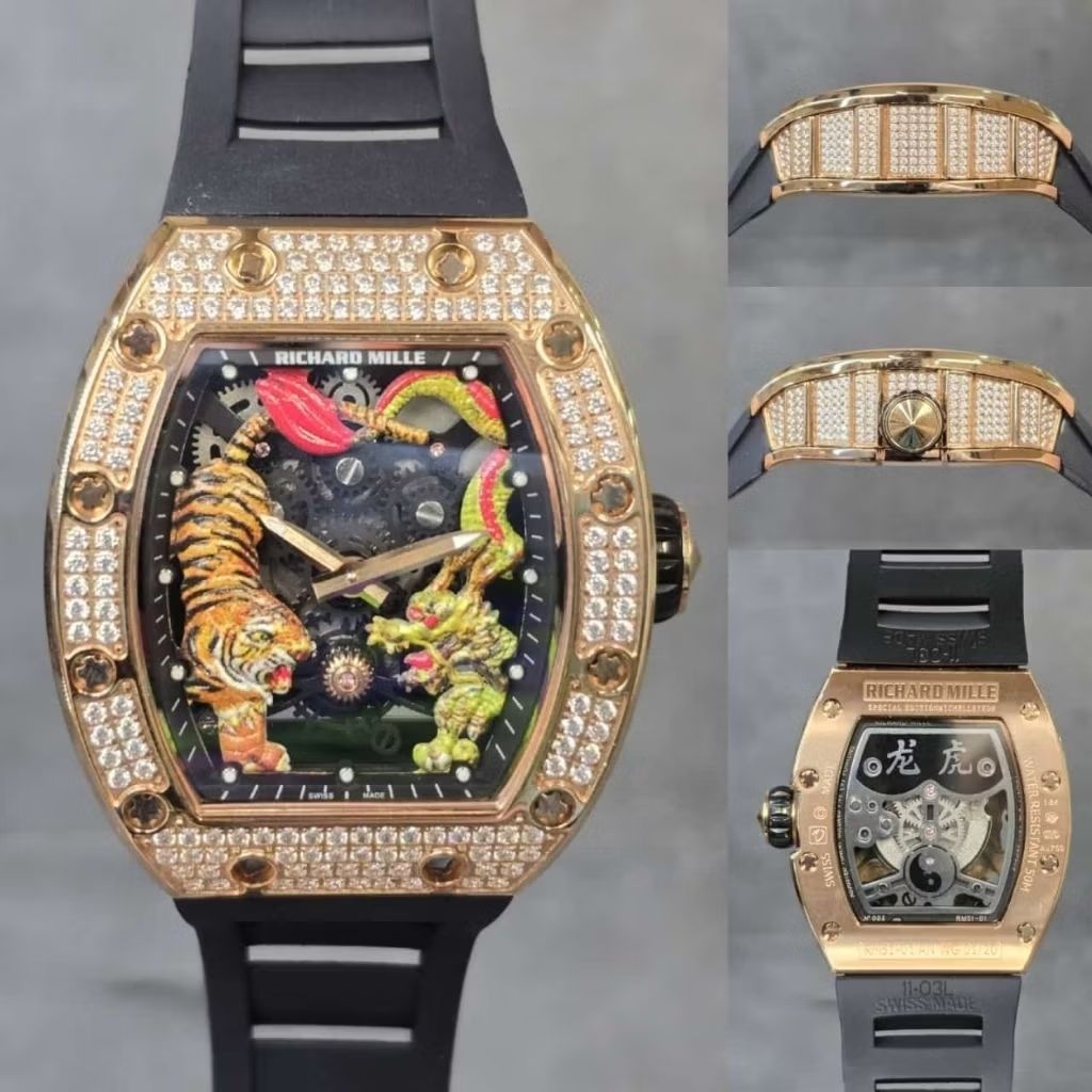 Jam Tangan RM051 Jackie Chan Dragon& Tiger Frosted Diamond Dial Rosegold