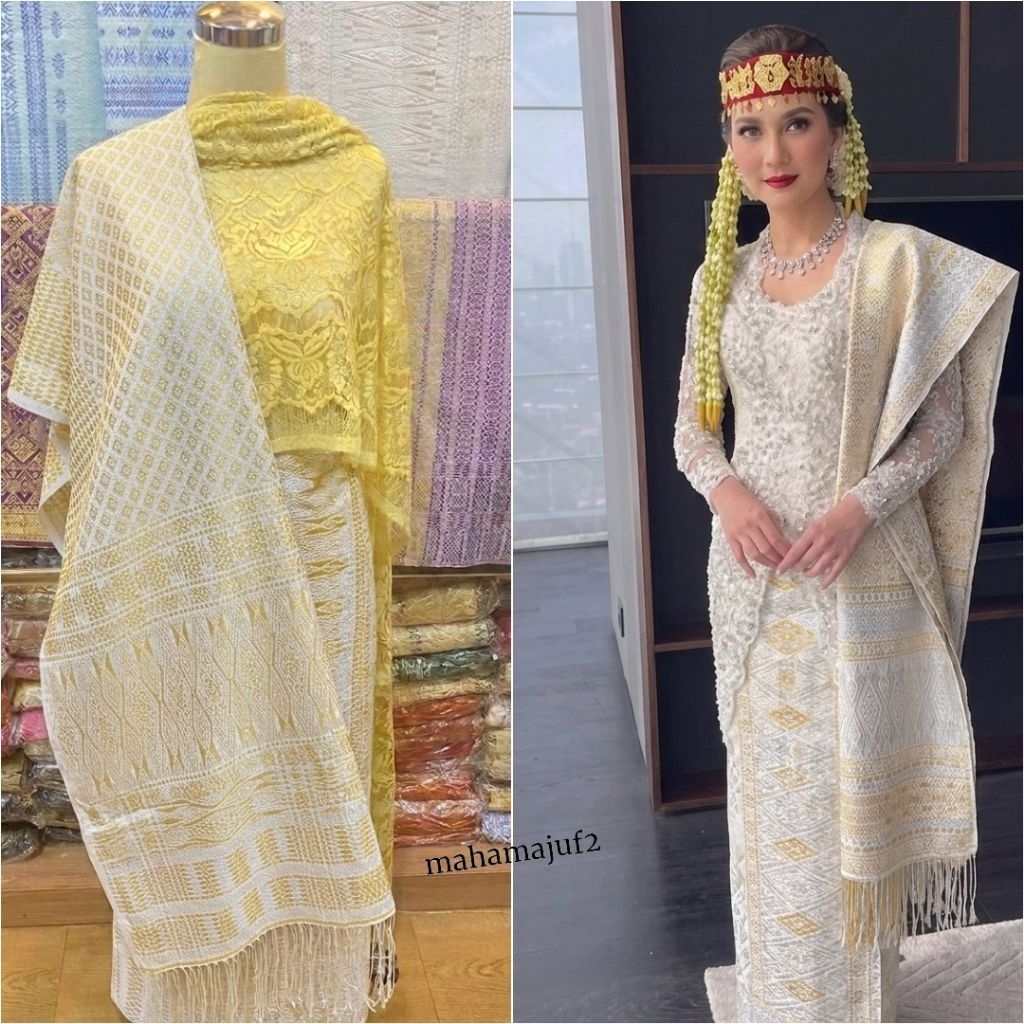 songket tumtuman tanpa sambung putih gold mewah / songket pengantin bahan bagus adem lembut