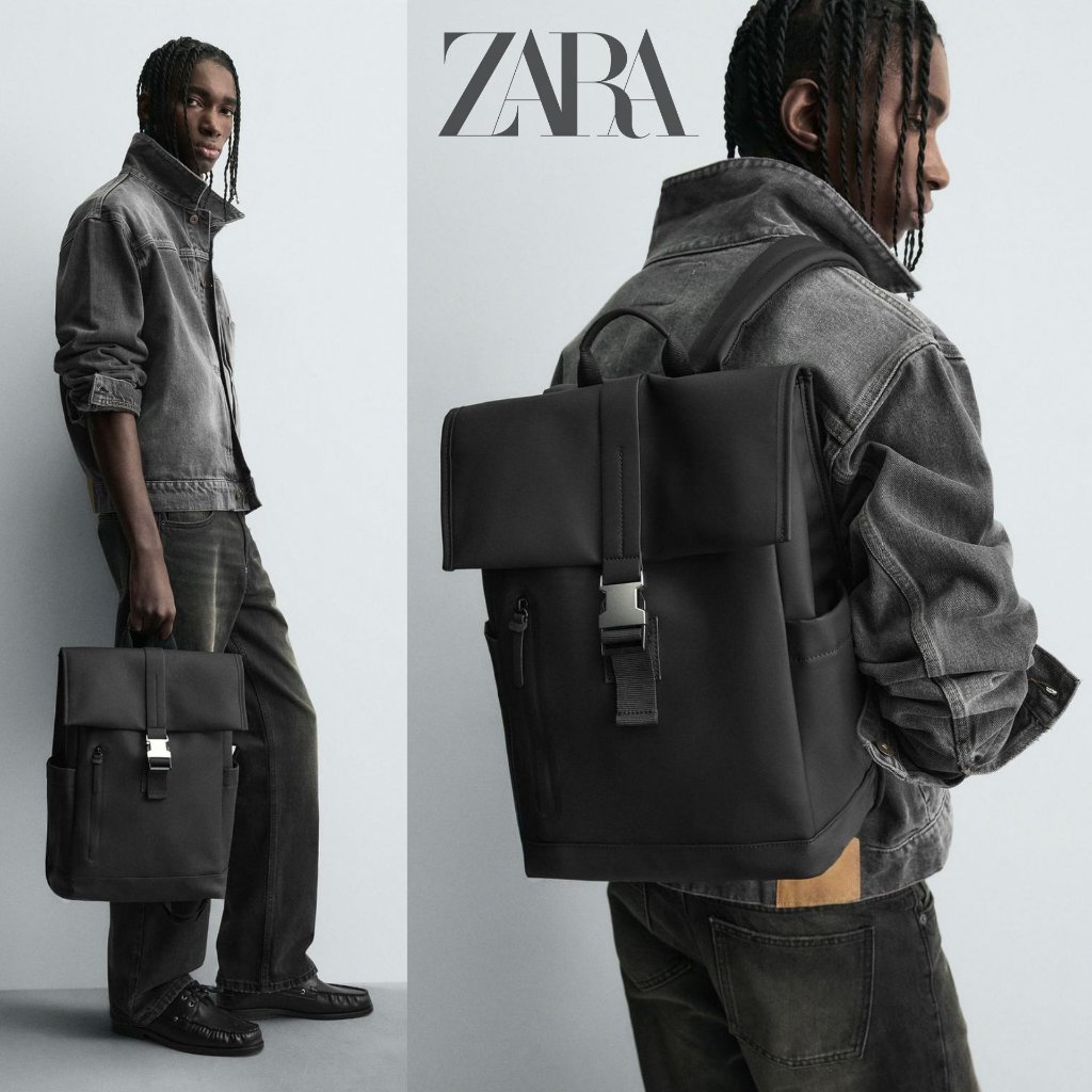 Tas Ransel Pria Zara Rubberised Flap Backpack Original Hitam Cowok Laki Laki Man Bag Tas Punggung Li