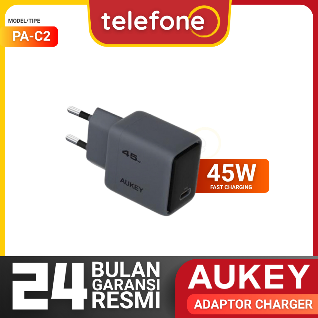 AUKEY Adaptor Charger PA-C2 45W USB C Charger GaN PD 3.0 PPS iPhone Samsung Original Resmi
