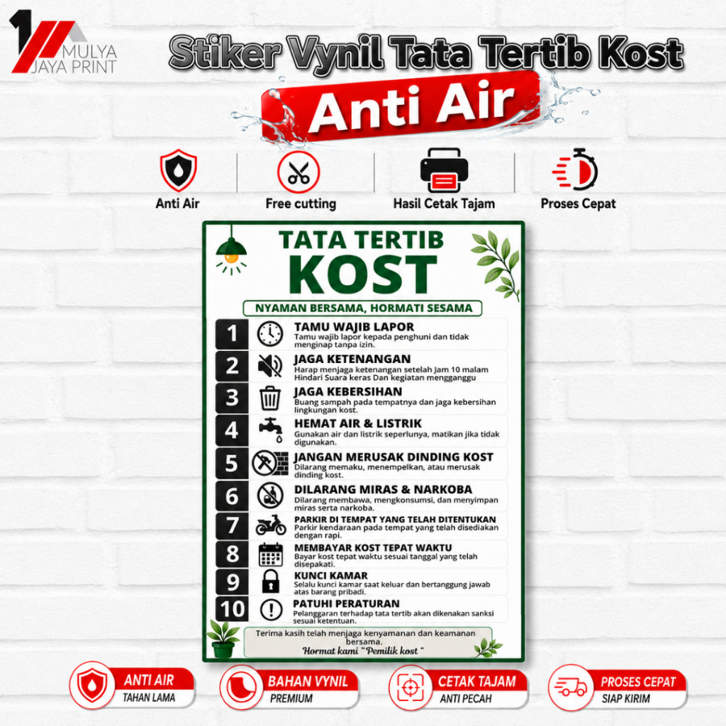 Stiker Tata Tertib Kost Anti Air | Peraturan Kos | Stiker Aturan Kost