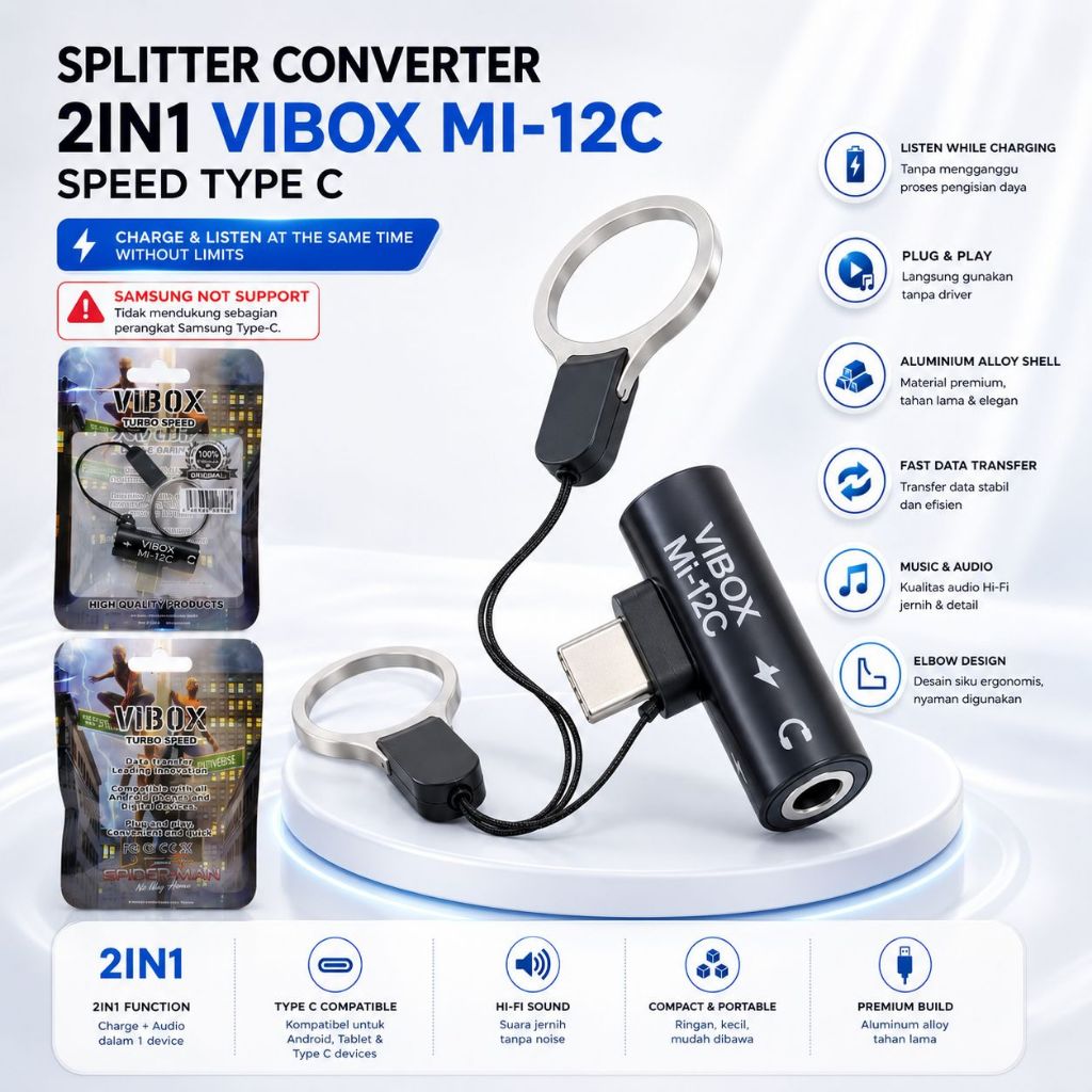 Vibox MI-12c X Fleco SPC-09 Tipe C 2in1 Converter Splitter Type C To Aux 3.5mm Headset For Hp Oppo V
