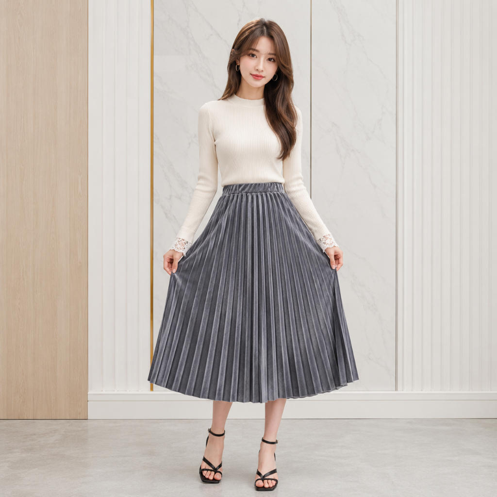 Rok Plisket Beludru 7/8 High Quality Rok Velvet Midi Skirt Tebal