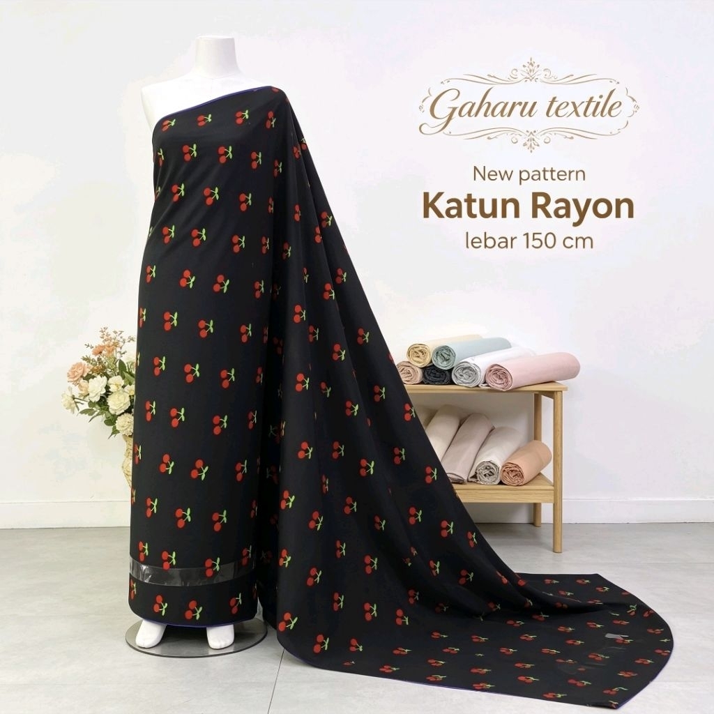 bahan katun rayon viscose premium - rayon viscose motif ceri - rayon viscose meteran (CTK)
