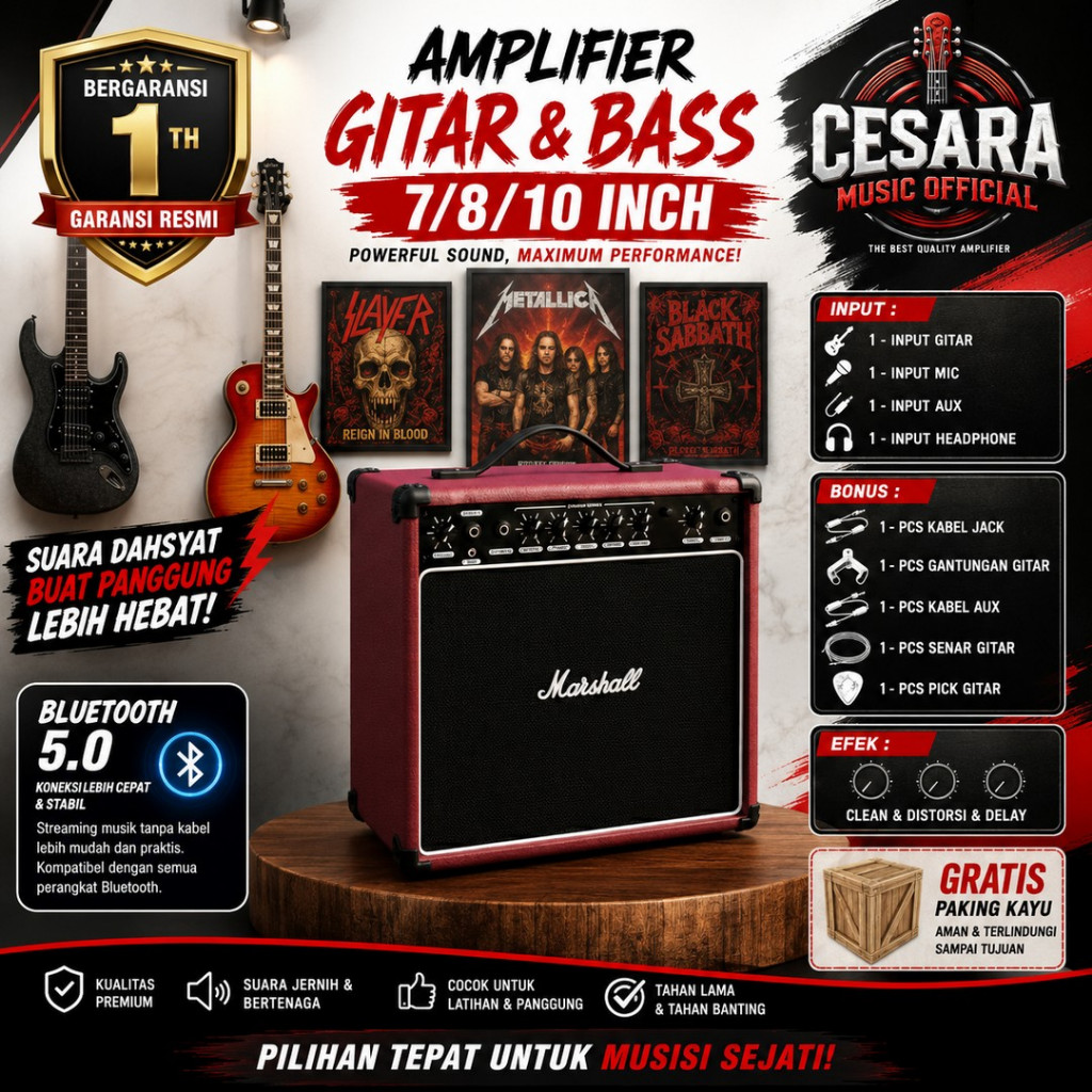Ampli gitar dan bass 7 inch 8 inch 10 Inch bluetooth 3 input bisa untuk karaoke ada efek delay & dis