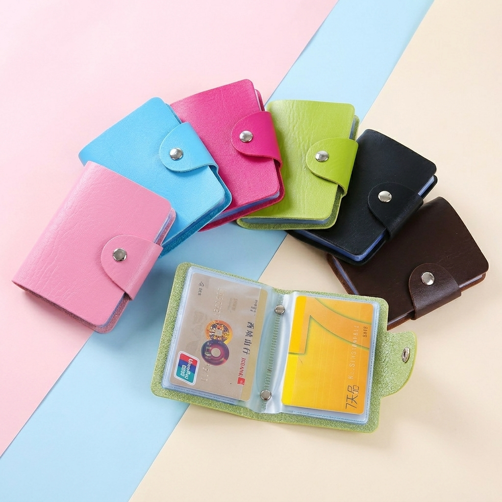 Dompet Kartu Album Slot Plastik Bening Banyak Kartu Bahan PU Leather Kancing Snap Mini
