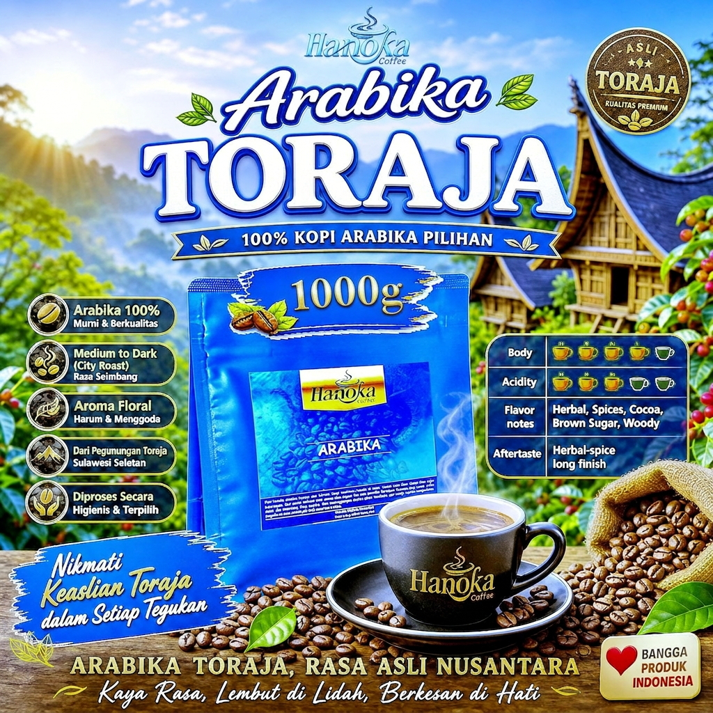 Hanoka Biji Kopi Arabika Toraja 1kg (1000g) - Single Origin Specialty Coffee