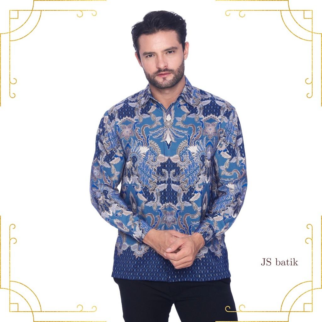 JSBATIK Kemeja Batik Pria Motif AryaDuta Kemeja Lapis Furing / Batik Kondangan / Batik Biru