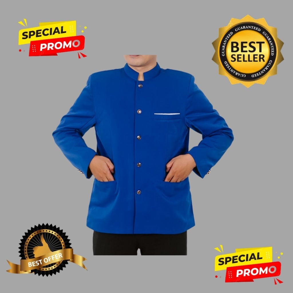 Jas Koko Jasko Mandarin Warna Biru  Pria Terlaris List saku putih Original