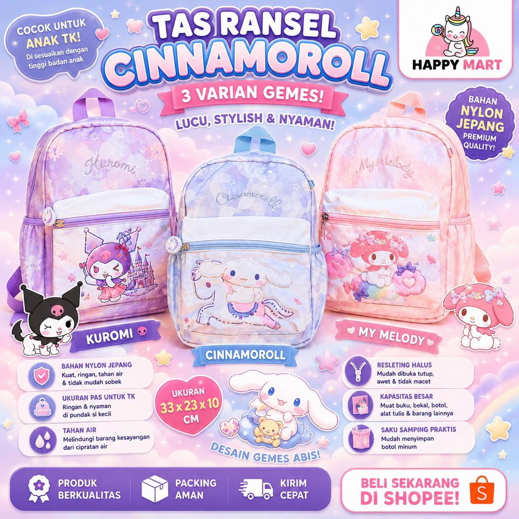 Tas ransel anak TK sanrio dreamy castle kuromi / melody / cinnamoroll