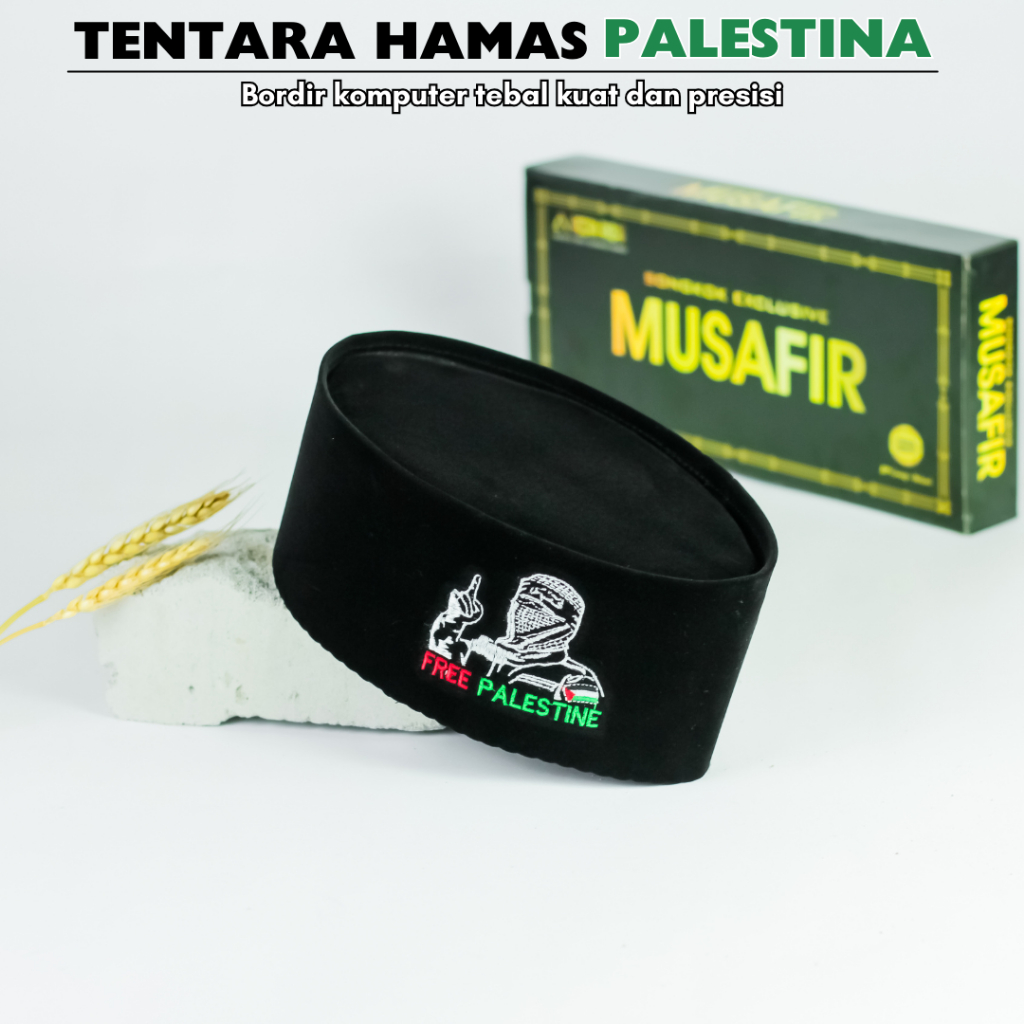 Peci Songkok Hitam Palestina Hamas Bordir Logo Tentara Hamas Palestina Indonesia Quality
