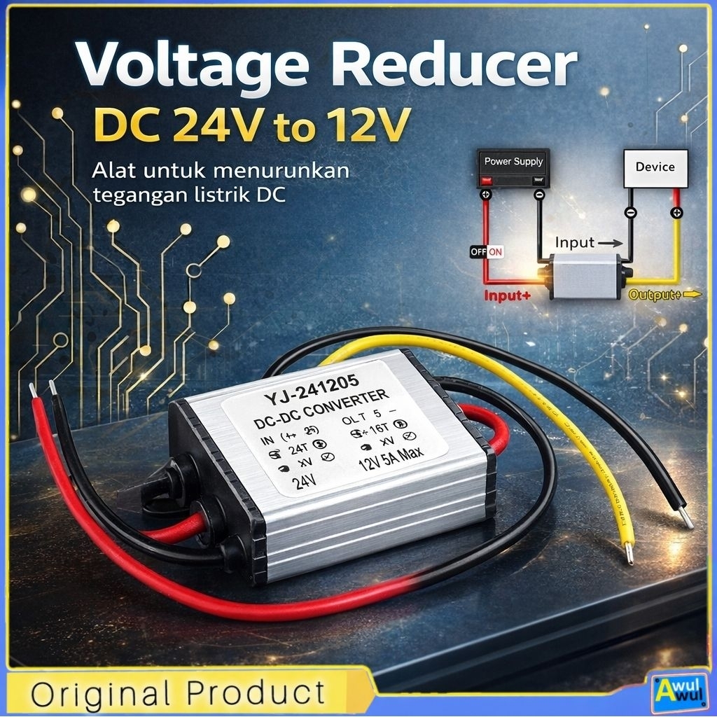 Voltage Reducer Step Down DC 24V to 12V Alat Penurun Tegangan Arus Listrik DC Adaptor Converter Tran