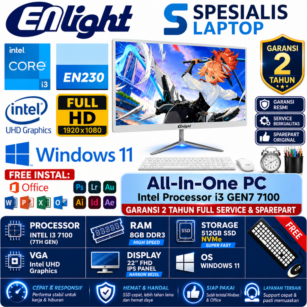 ENLIGHT ALL IN ONE PC EN230 Intel i3 7100 Ram 8GB Ssd 512GB 22 inch FHD IPS Windows 11