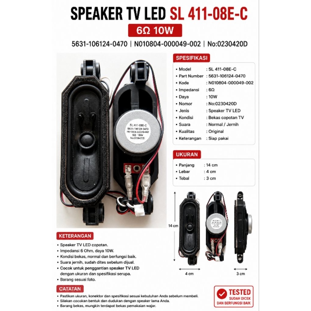 Speaker TV LED SL411-08E-C 6 Ohm 10W Original Copotan TV