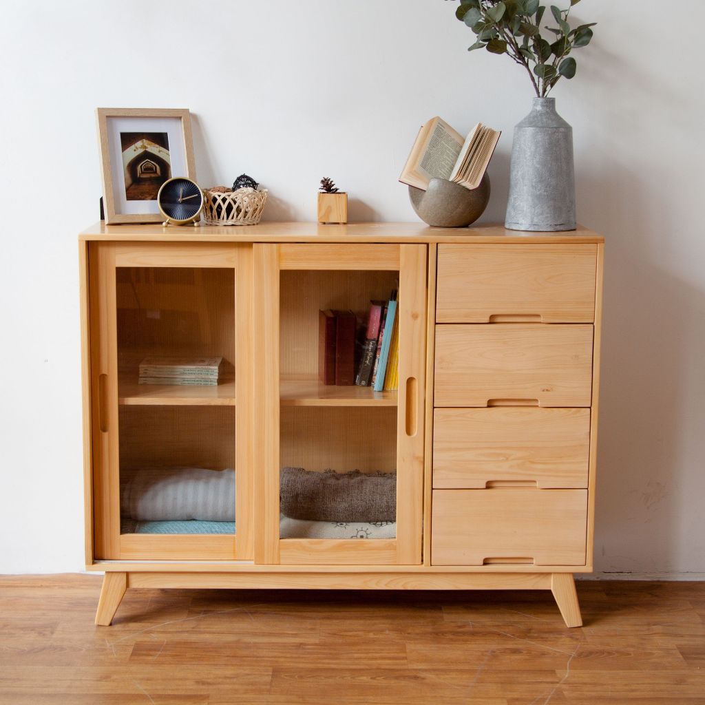 Uwitan Sliding Credenza - Kabinet Ruang Tamu Kayu Minimalis Solid Storage Sideboard Buffet Lemari Pe