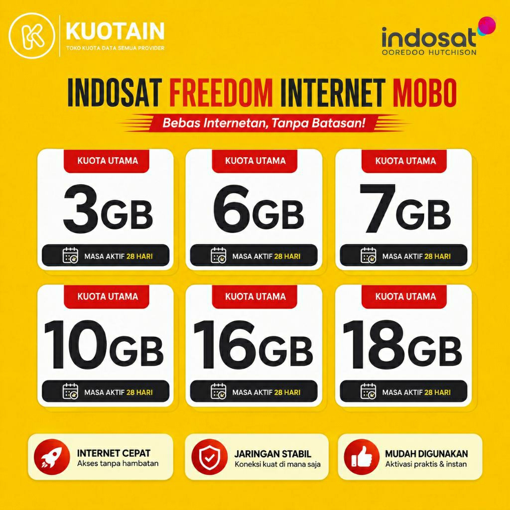 Paket Data INDOSAT Freedom Internet Mobo Kuota Utama 3GB 6GB 7GB 10GB 16GB 18GB 24GB Masa Aktif 28 H