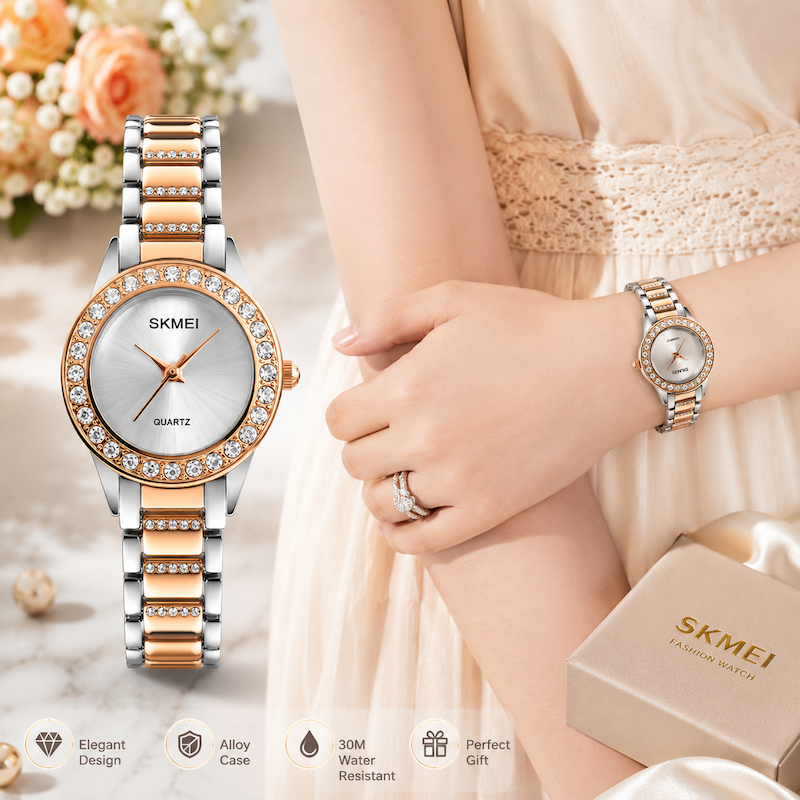SKMEI Jam Tangan Wanita Dewasa Rhinestone Analog Anti Air Tali Rantai Rante Stainless Bulat Kecil