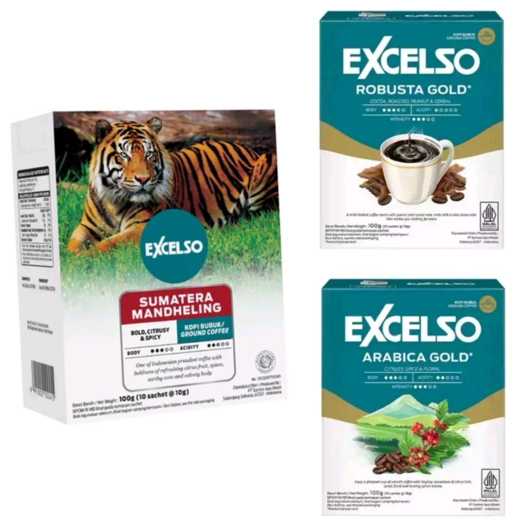 EXCELSO KOPI BAG 10 GR X 10 SACHET ROBUSTA GOLD, ARABICA GOLD, & SUMATRA MANDHELING,